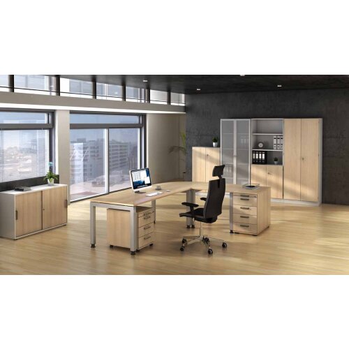 Aktenschrank 5 Ordnerhöhen mit Sockelblende, 2 OH Türen unten abschließbar, 3 OH Regal oben Weiss/ Eiche