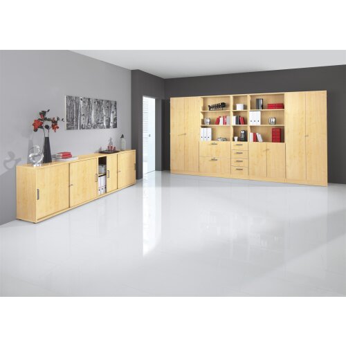 Aktenschrank 5 Ordnerhöhen mit Sockelblende, 2 OH Türen unten abschließbar, 3 OH Regal oben Nussbaum hell/ Nussbaum hell