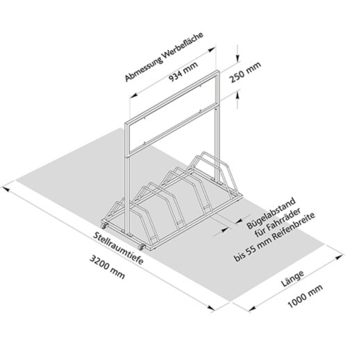 Werbe-Fahrradständer Typ EW 7004 mit Laufrollen Druckarten ohne Digitaldruck  Farbe RAL 3000 feuerrot
