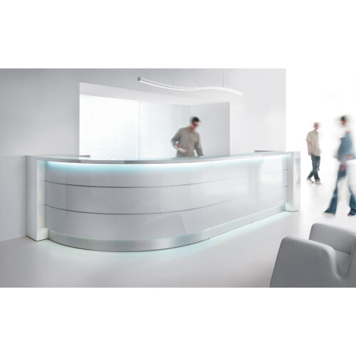Empfangstheke Vero 421 cm breit mit Regal Endlement, L-Form, Bogen links oder rechts