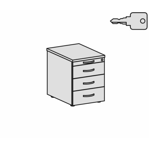 Rollcontainer 60 cm tief, 3+1 Schubladen, Dekor Front: Lichtgrau, Dekor Korpus: Lichtgrau