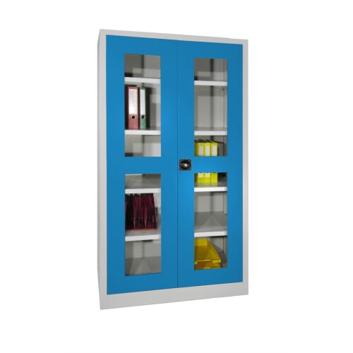 Stahlschrank mit Sichtfenstertüren 195 cm hoch,  100cm breit,  50 cm tief