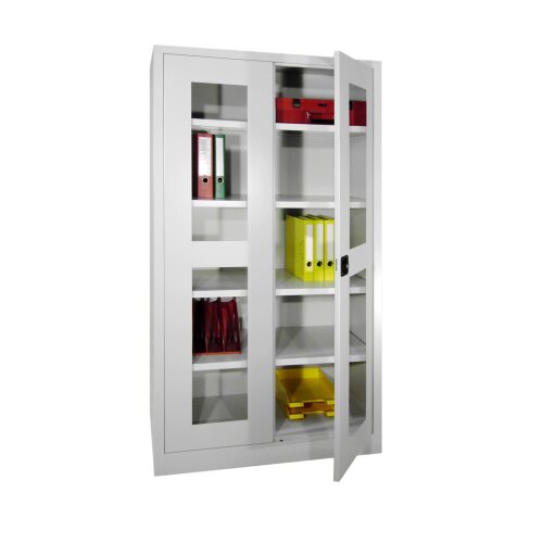 Stahlschrank mit Sichtfenstertüren 195 cm hoch,  100cm breit,  60 cm tief