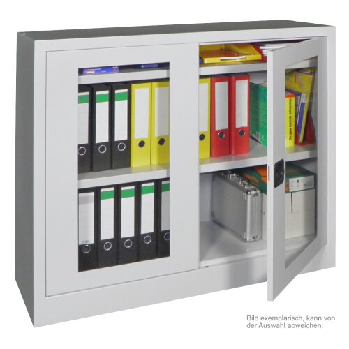 Stahlschrank mit Sichtfenstertüren 100 cm hoch, 100 cm breit,  40 cm tief