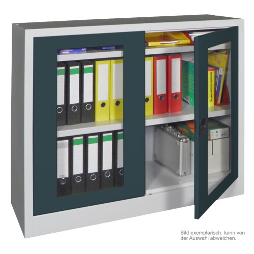 Stahlschrank mit Sichtfenstertüren 100 cm hoch, 100 cm breit,  40 cm tief