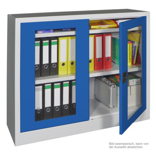 Stahlschrank mit Sichtfenstertüren 100 cm hoch, 100 cm breit,  50 cm tief