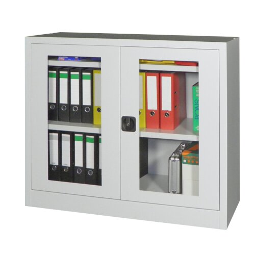 Stahlschrank mit Sichtfenstertüren 100 cm hoch, 120 cm breit,  60 cm tief