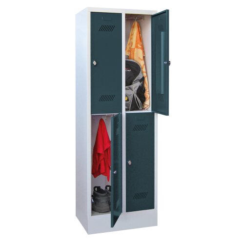 Fächerschrank 4 Fächer, Abteilbreite 300mm, auf Sockel,Korpus: Himmelblau, Türen: Himmelblau, Zylinderschloss