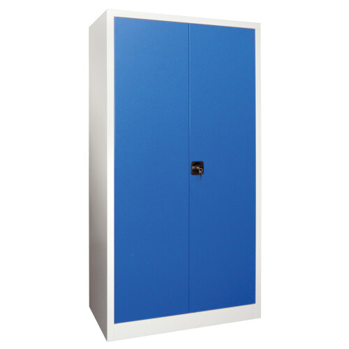 Stahlschrank 195 cm hoch, 100cm breit, 50 cm tief, Korpus: Lichtgrau, Türen: Zinkgelb, Fachböden: gepulvert in Korpusfarbe