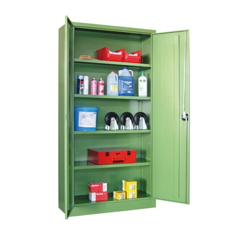 Stahlschrank 195 cm hoch, 100cm breit, 50 cm tief, Korpus: Lichtgrau, Türen: Zinkgelb, Fachböden: gepulvert in Korpusfarbe