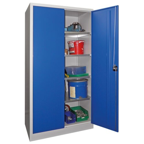 Stahlschrank 195 cm hoch, 100cm breit, 50 cm tief, Korpus: Lichtgrau, Türen: Zinkgelb, Fachböden: gepulvert in Korpusfarbe