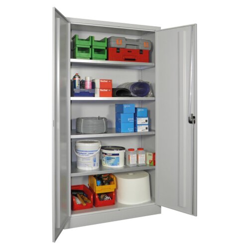 Stahlschrank 195 cm hoch, 100cm breit, 60 cm tief, Korpus: Anthrazitgrau, Türen: Enzianblau, Fachböden: gepulvert in Korpusfarbe