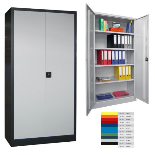 Stahlschrank 195 cm hoch, 100cm breit, 60 cm tief, Korpus: Anthrazitgrau, Türen: Lichtblau, Fachböden: gepulvert in Korpusfarbe
