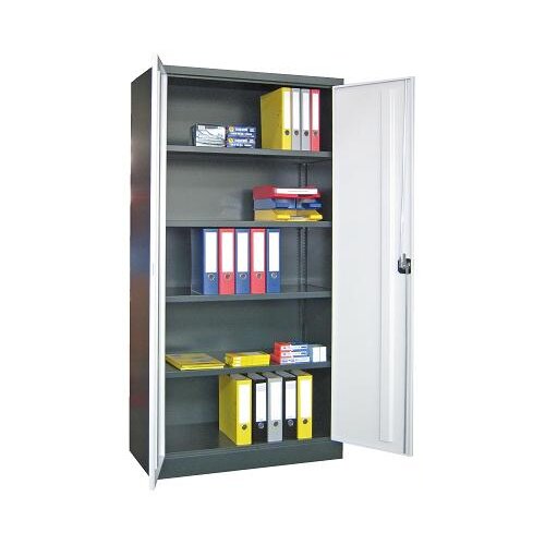 Stahlschrank 195 cm hoch, 100cm breit, 60 cm tief, Korpus: Anthrazitgrau, Türen: Reinorange, Fachböden: gepulvert in Korpusfarbe