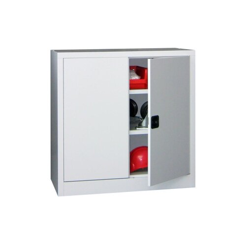 Stahlschrank 100 cm hoch, 100 cm breit, 50 cm tief, Korpus: Lichtgrau, Türen: Zinkgelb, Fachböden: gepulvert in Korpusfarbe