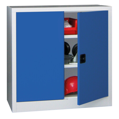 Stahlschrank 100 cm hoch, 100 cm breit, 50 cm tief, Korpus: Lichtgrau, Türen: Zinkgelb, Fachböden: gepulvert in Korpusfarbe