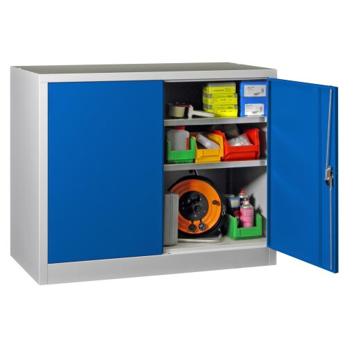 Stahlschrank 100 cm hoch, 120cm breit, 60 cm tief, Korpus: Anthrazitgrau, Türen: Lichtgrau, Fachböden: gepulvert in Korpusfarbe