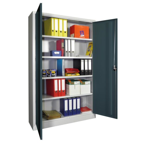 Stahlschrank 195 cm hoch, 120cm breit, 40 cm tief, Korpus: Lichtgrau, Türen: Zinkgelb, Fachböden: gepulvert in Korpusfarbe