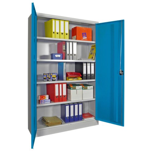Stahlschrank 195 cm hoch, 120cm breit, 40 cm tief, Korpus: Lichtgrau, Türen: Zinkgelb, Fachböden: gepulvert in Korpusfarbe