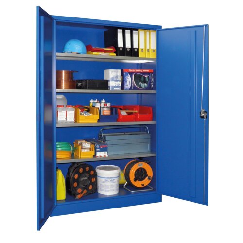 Stahlschrank 195 cm hoch, 120cm breit, 60 cm tief, Korpus: Enzianblau, Türen: Enzianblau, Fachböden: verzinkt