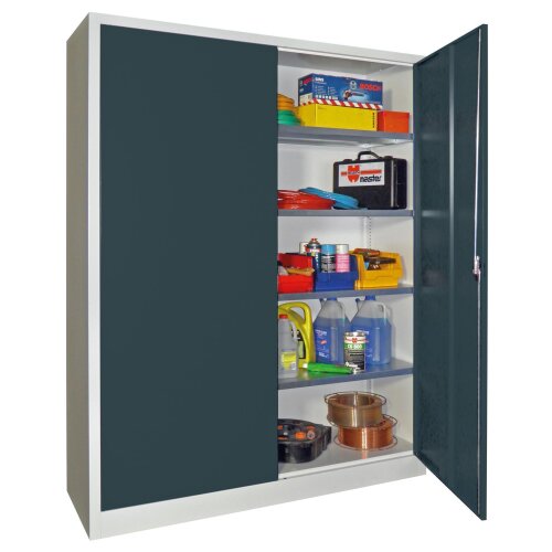 Stahlschrank 195 cm hoch, 150 cm breit, 60 cm tief, Korpus: Anthrazitgrau, Türen: Feuerrot, Fachböden: gepulvert in Korpusfarbe