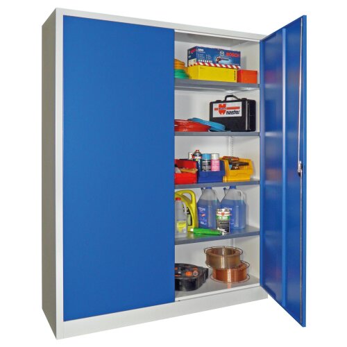 Stahlschrank 195 cm hoch, 150 cm breit, 60 cm tief, Korpus: Anthrazitgrau, Türen: Feuerrot, Fachböden: gepulvert in Korpusfarbe