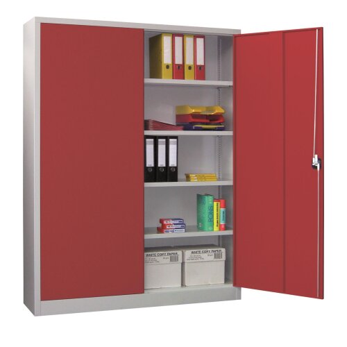 Stahlschrank 195 cm hoch, 150 cm breit, 60 cm tief, Korpus: Anthrazitgrau, Türen: Feuerrot, Fachböden: gepulvert in Korpusfarbe