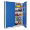 Stahlschrank 195 cm hoch, 150 cm breit, 60 cm tief, Korpus: Anthrazitgrau, Türen: Feuerrot, Fachböden: gepulvert in Korpusfarbe