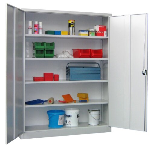 Stahlschrank 195 cm hoch, 150 cm breit, 60 cm tief, Korpus: Anthrazitgrau, Türen: Zinkgelb, Fachböden: gepulvert in Korpusfarbe