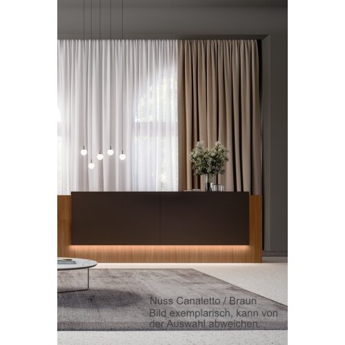 Empfangstheke Linear, Breite: 286 cm, Korpus: Nuss Canaletto, Ablage: Leder anthrazit