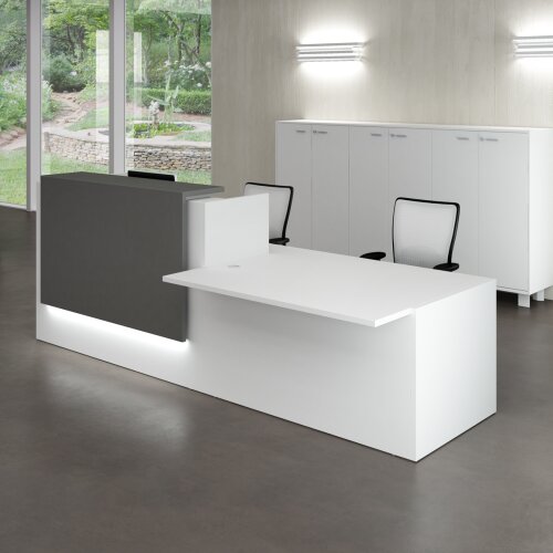Empfangstheke mit Beratungsanbau, Breite/ Lage Anbau: 286 cm / rechts, Korpus: Weiss, Ablage: Weiss (Melamin)