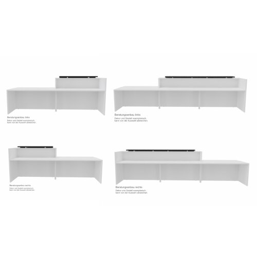 Empfangstheke mit Beratungsanbau, Breite/ Lage Anbau: 286 cm / rechts, Korpus: Weiss, Ablage: Weiss (Melamin)