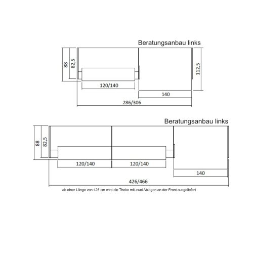 Empfangstheke mit Beratungsanbau, Breite/ Lage Anbau: 286 cm / rechts, Korpus: Weiss, Ablage: Weiss (Melamin)