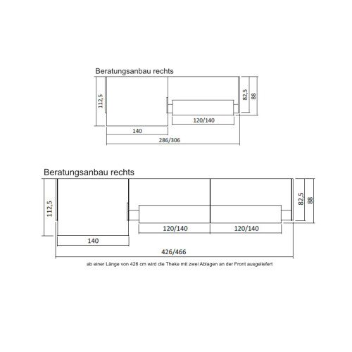 Empfangstheke mit Beratungsanbau, Breite/ Lage Anbau: 286 cm / rechts, Korpus: Weiss, Ablage: Weiss (Melamin)