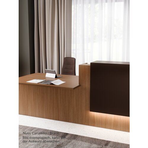 Empfangstheke mit Beratungsanbau, Breite/ Lage Anbau: 306 cm / links, Korpus: Weiss, Ablage: Leder anthrazit