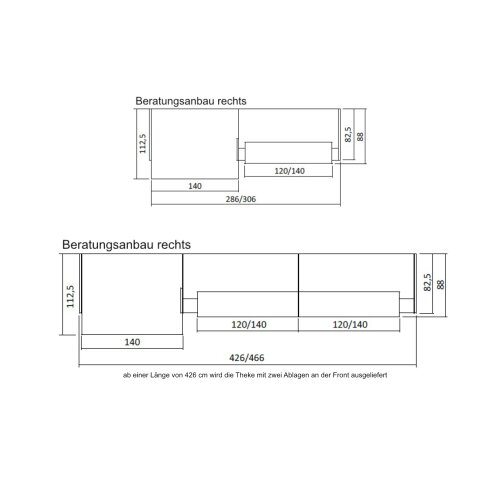 Empfangstheke mit Beratungsanbau, Breite/ Lage Anbau: 306 cm / links, Korpus: Weiss, Ablage: Leder anthrazit