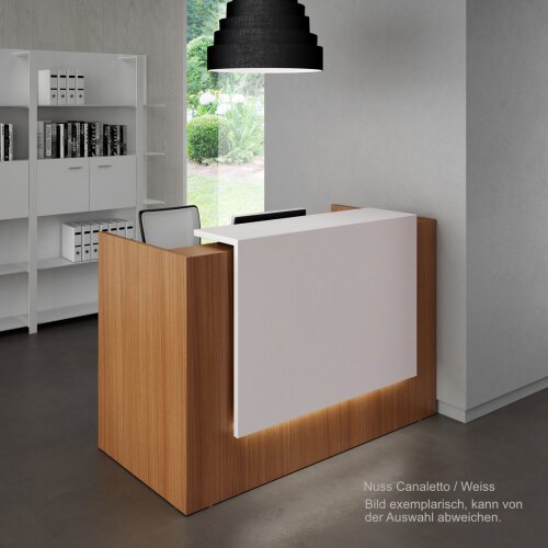 Empfangstheke Singlemodul, Breite: 146 cm, Korpus: Weiss, Ablage: Nuss Canaletto  (Melamin)