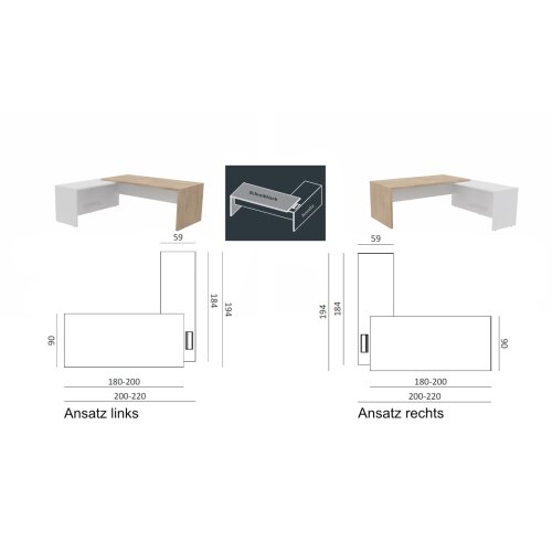 Schreibtisch Winkelkombination - Serie Davos, 200 cm / rechts, Dekor Tisch: Ulme, Dekor Ansatz: Weiss