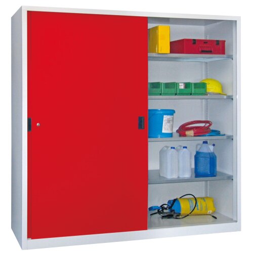 Stahl Schiebetürenschrank 195 cm hoch, 200cm breit, 50 cm tief, Korpus: Lichtgrau, Türen: Anthrazitgrau, Fachböden: gepulvert in Korpusfarbe