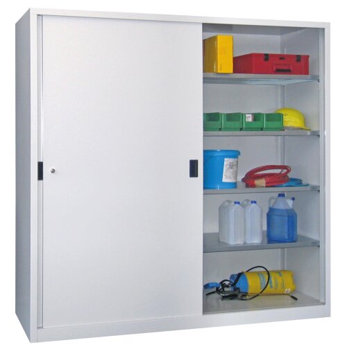 Stahl Schiebetürenschrank 195 cm hoch, 200cm breit, 50 cm tief, Korpus: Lichtgrau, Türen: Anthrazitgrau, Fachböden: gepulvert in Korpusfarbe