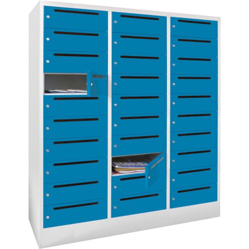 Postverteilerschrank 30 Fächer mit Briefschlitz, Korpus: Lichtgrau, Türen: Himmelblau