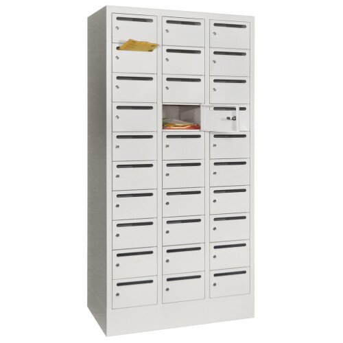 Postverteilerschrank 30 Fächer mit Briefschlitz, Korpus: Lichtgrau, Türen: Himmelblau