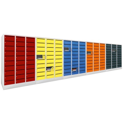 Postverteilerschrank 30 Fächer mit Briefschlitz, Korpus: Lichtgrau, Türen: Himmelblau