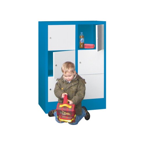 Schliessfachschrank 6 Fächer, Abteilbreite 400 mm, auf Sockel, Höhe 119 cm, Korpus: Resedagrün, Türen: Lichtgrau, Drehriegel