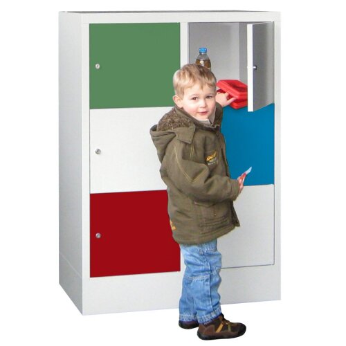 Schliessfachschrank 6 Fächer, Abteilbreite 400 mm, auf Sockel, Höhe 119 cm, Korpus: Resedagrün, Türen: Lichtgrau, Drehriegel