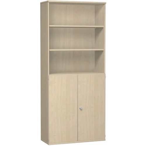 Aktenschrank 6 Ordnerreihen, mit Drehtüren und Regal, 100 cm breit, Dekor Korpus: Weiß, Front: Ahorn