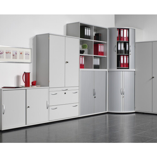 Aktenschrank 6 Ordnerreihen, mit Drehtüren und Regal, 100 cm breit, Dekor Korpus: Weiß, Front: Ahorn