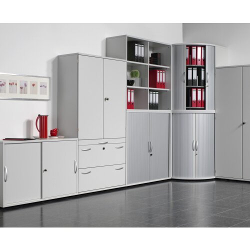 Rollladenschrank 3 Ordnerhöhen, 100 cm breit, Dekor Korpus: Ahorn, Front: Silber