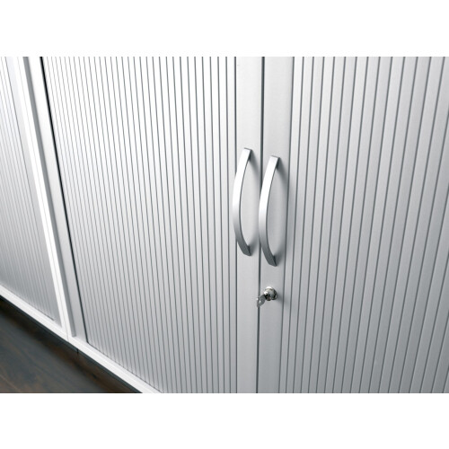 Anstell Rollladenschrank 72 cm hoch, 2 Ordnerhöhen, 80 cm breit, Dekor Korpus: Lichtgrau, Front: Silber