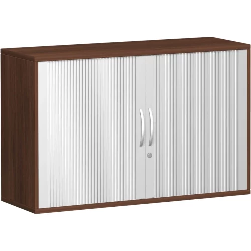 Anstell Rollladenschrank 72 cm hoch, 2 Ordnerhöhen, 120 cm breit, Dekor Korpus: Nussbaum Dunkel, Front: Silber